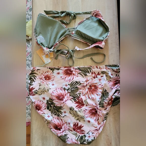 Kona Sol Pink Floral Halter High Waisted Bikini Set with Olive Accents - Picture 2 of 4